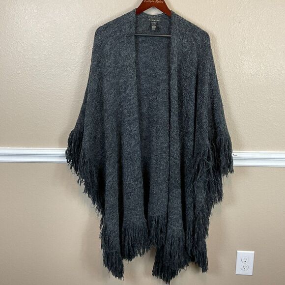 Do Everything In Love Gray Poncho OS Open Front Sweater Acrylic Warm Cozy Boho - Picture 9 of 11